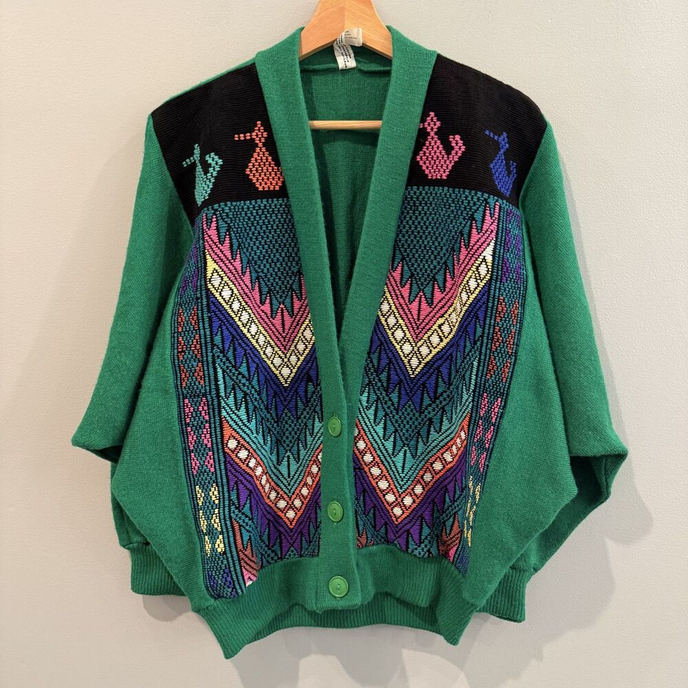 Vintage Handmade Guatemalan Cardigan Sweater Woven Cotton Wool Green Folk Art